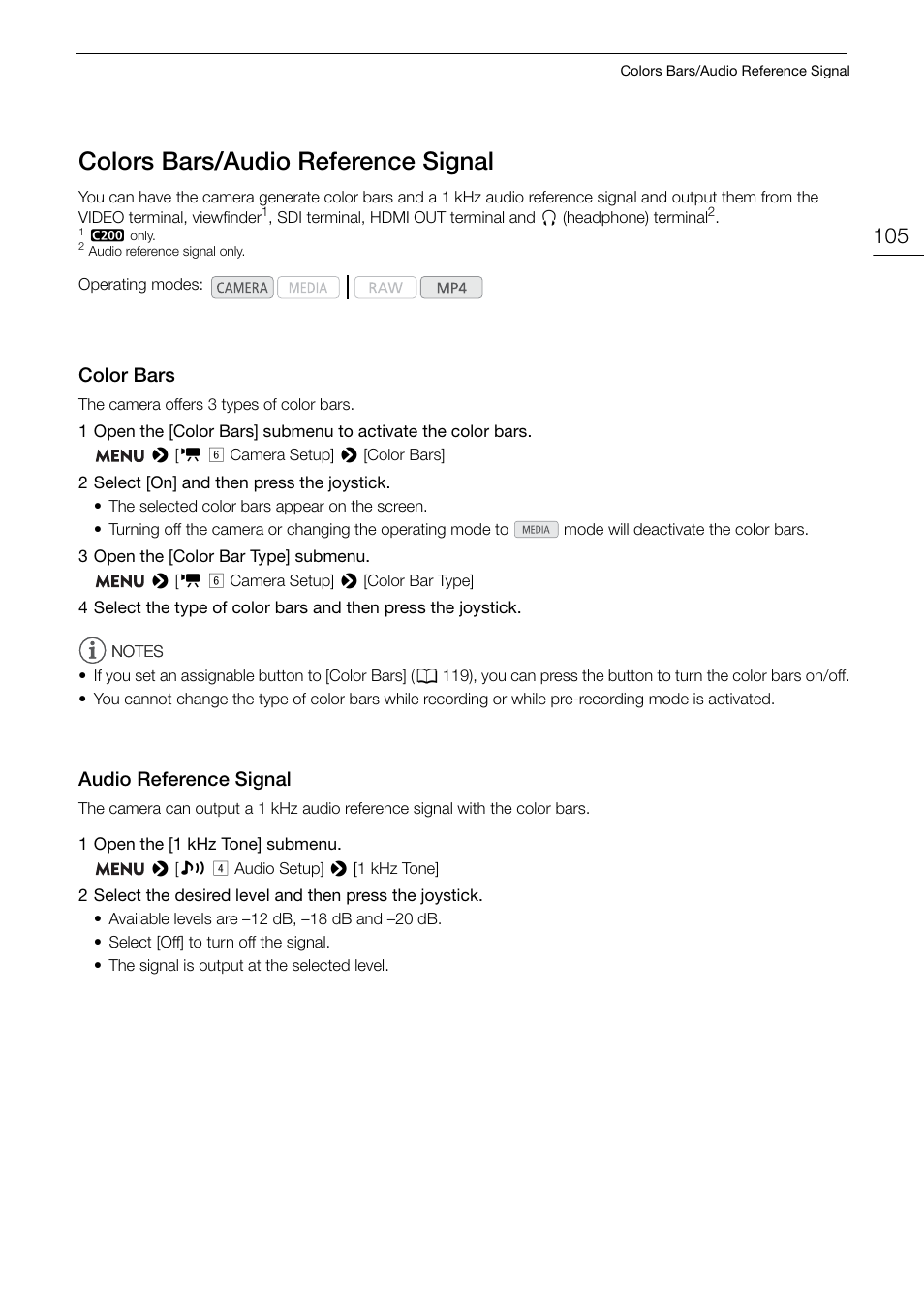 Colors bars/audio reference signal, Color bars, Audio reference signal | Colors bars/audio reference signal 105, Color bars 105 audio reference signal 105 | Canon EOS C200 EF Cinema Camera and 24-105mm Lens Kit User Manual | Page 105 / 220