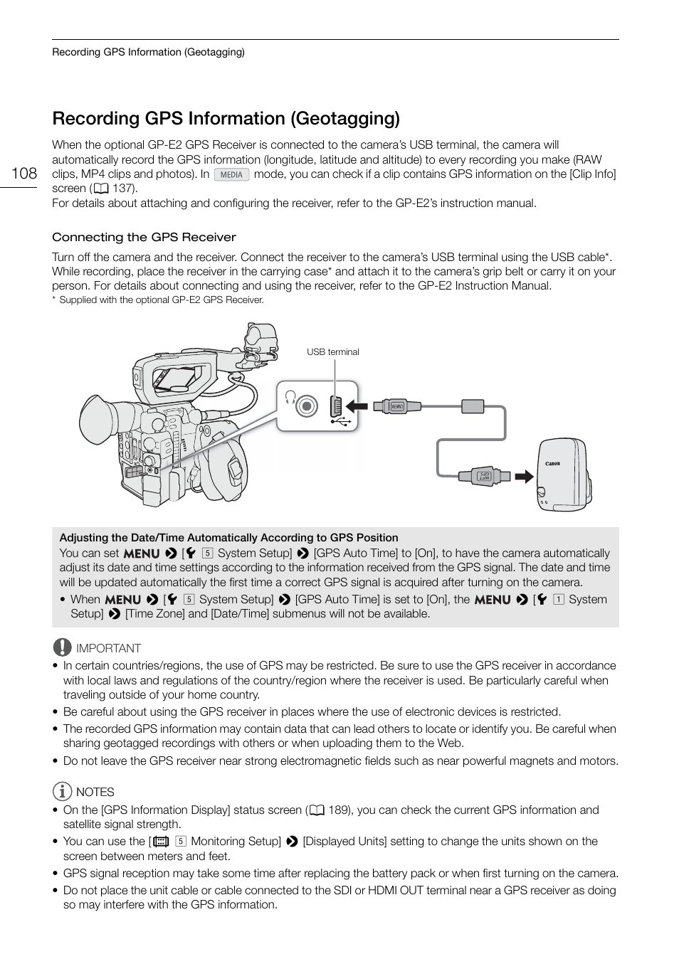 Recording gps information (geotagging), Recording gps information (geotagging) 108, 108): continuously on - sa | Canon EOS C200 EF Cinema Camera and 24-105mm Lens Kit User Manual | Page 108 / 220