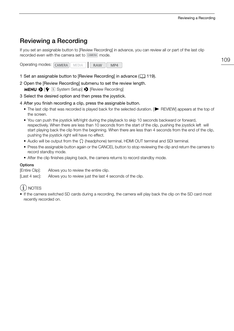 Reviewing a recording, Reviewing a recording 109, 109) to | Canon EOS C200 EF Cinema Camera and 24-105mm Lens Kit User Manual | Page 109 / 220