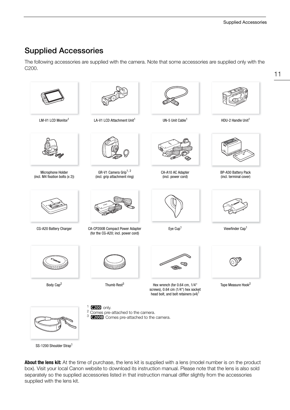 Supplied accessories, Supplied accessories 11 | Canon EOS C200 EF Cinema Camera and 24-105mm Lens Kit User Manual | Page 11 / 220