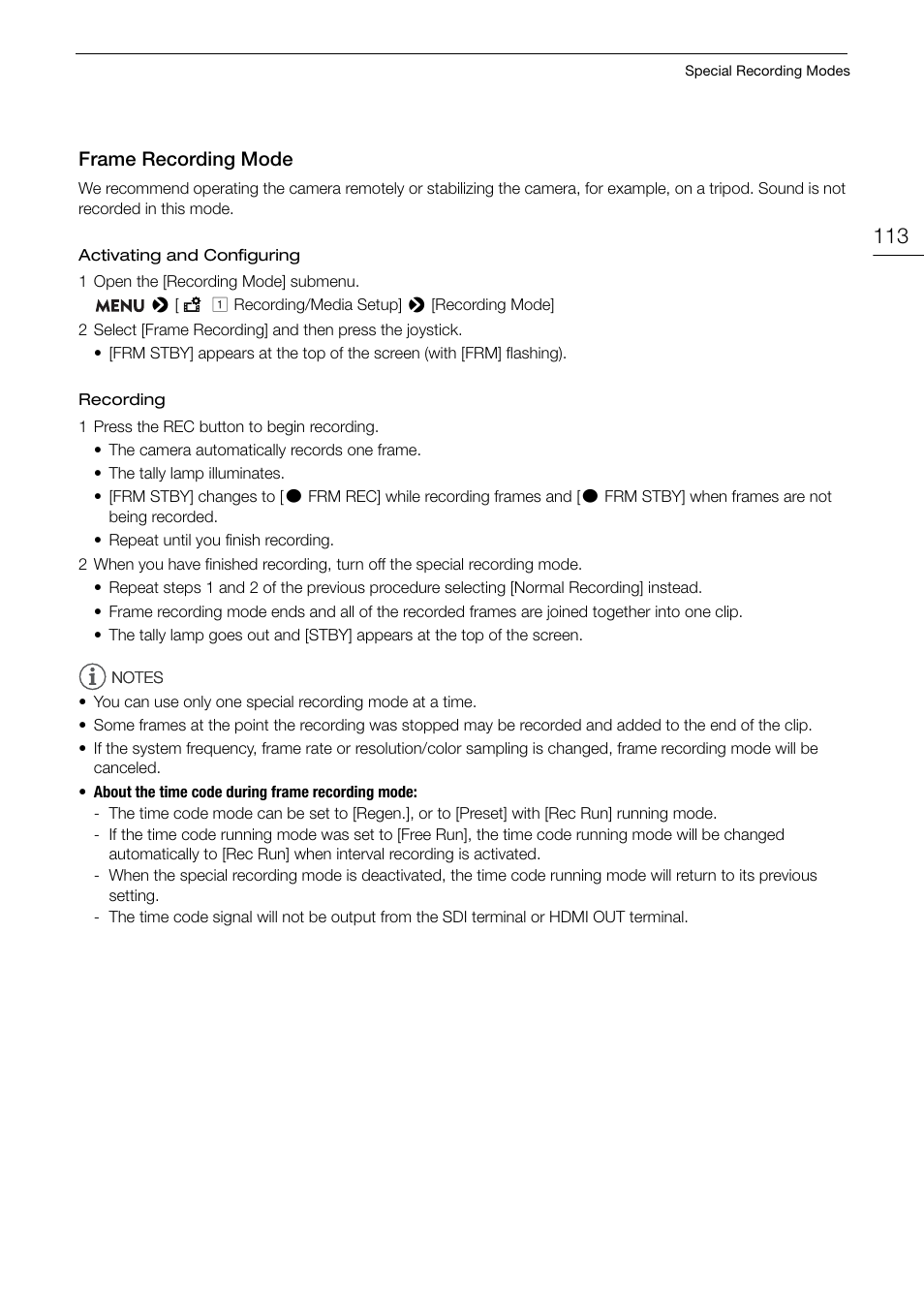 Frame recording mode, Frame recording mode 113, 113): record stand | Canon EOS C200 EF Cinema Camera and 24-105mm Lens Kit User Manual | Page 113 / 220