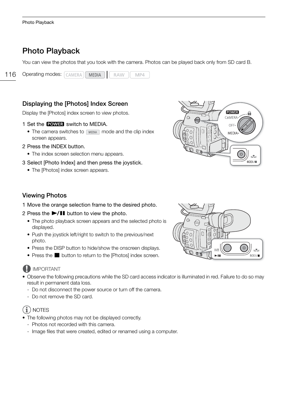 Photo playback, Displaying the [photos] index screen, Viewing photos | Photo playback 116 | Canon EOS C200 EF Cinema Camera and 24-105mm Lens Kit User Manual | Page 116 / 220