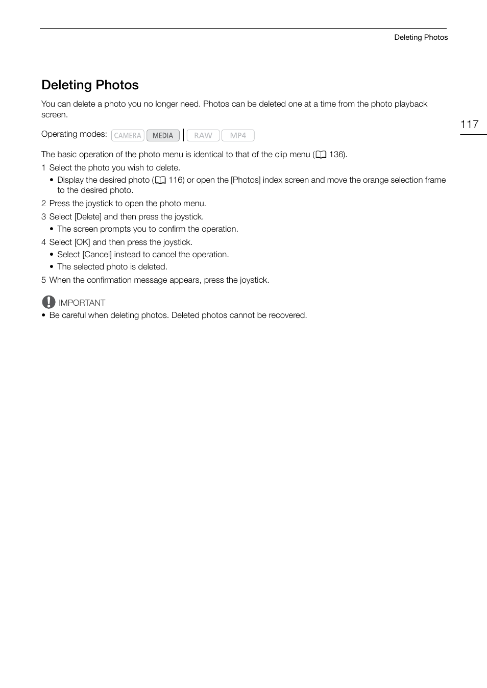 Deleting photos, Deleting photos 117 | Canon EOS C200 EF Cinema Camera and 24-105mm Lens Kit User Manual | Page 117 / 220