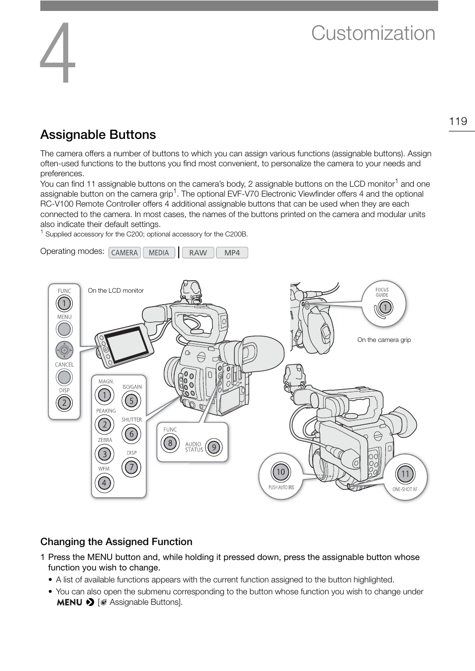 Customization, Assignable buttons, Changing the assigned function | Customization 119, Assignable buttons 119, Changing the assigned function 119 | Canon EOS C200 EF Cinema Camera and 24-105mm Lens Kit User Manual | Page 119 / 220