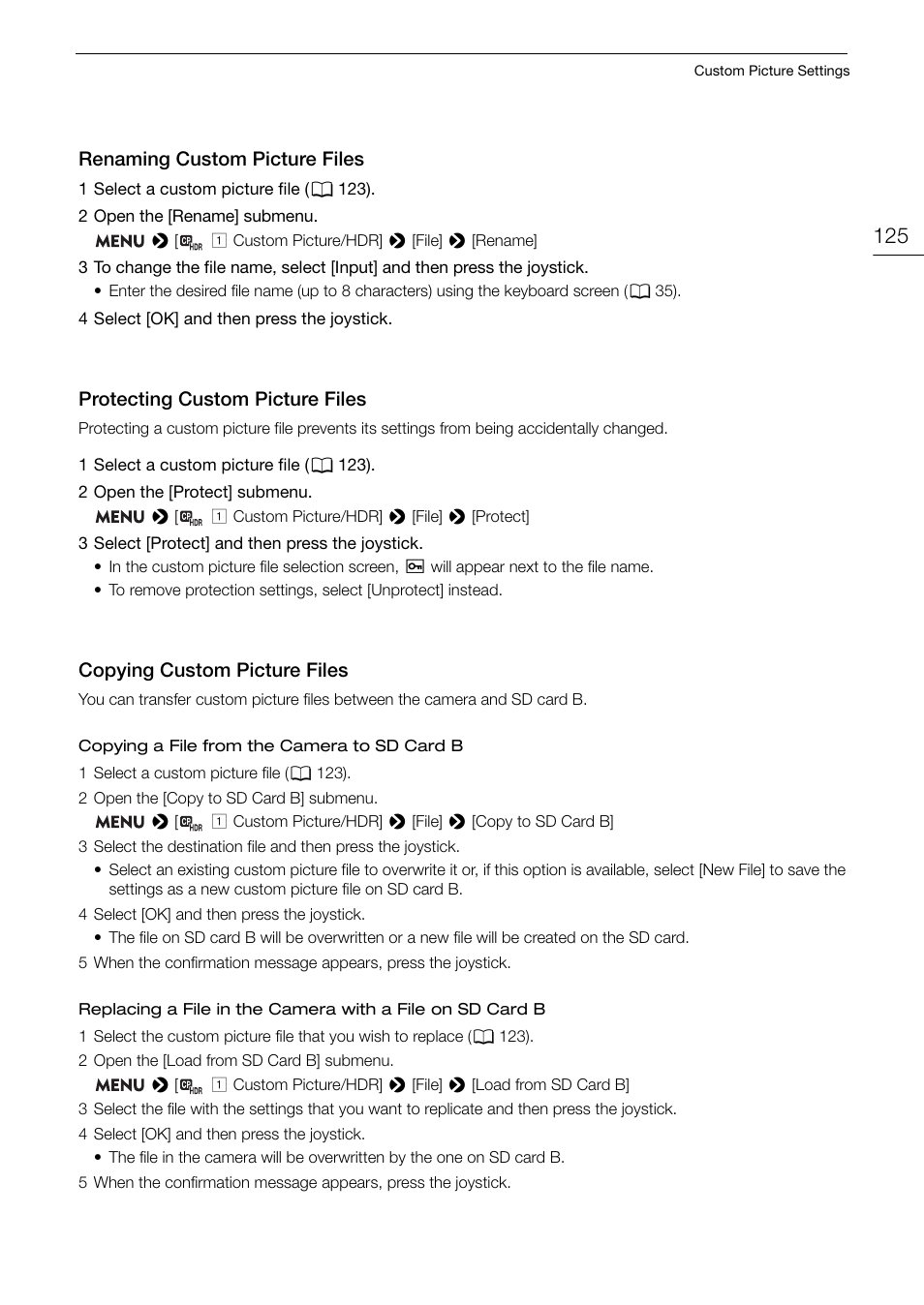 Renaming custom picture files, Protecting custom picture files, Copying custom picture files | Copying custom picture files 125 | Canon EOS C200 EF Cinema Camera and 24-105mm Lens Kit User Manual | Page 125 / 220
