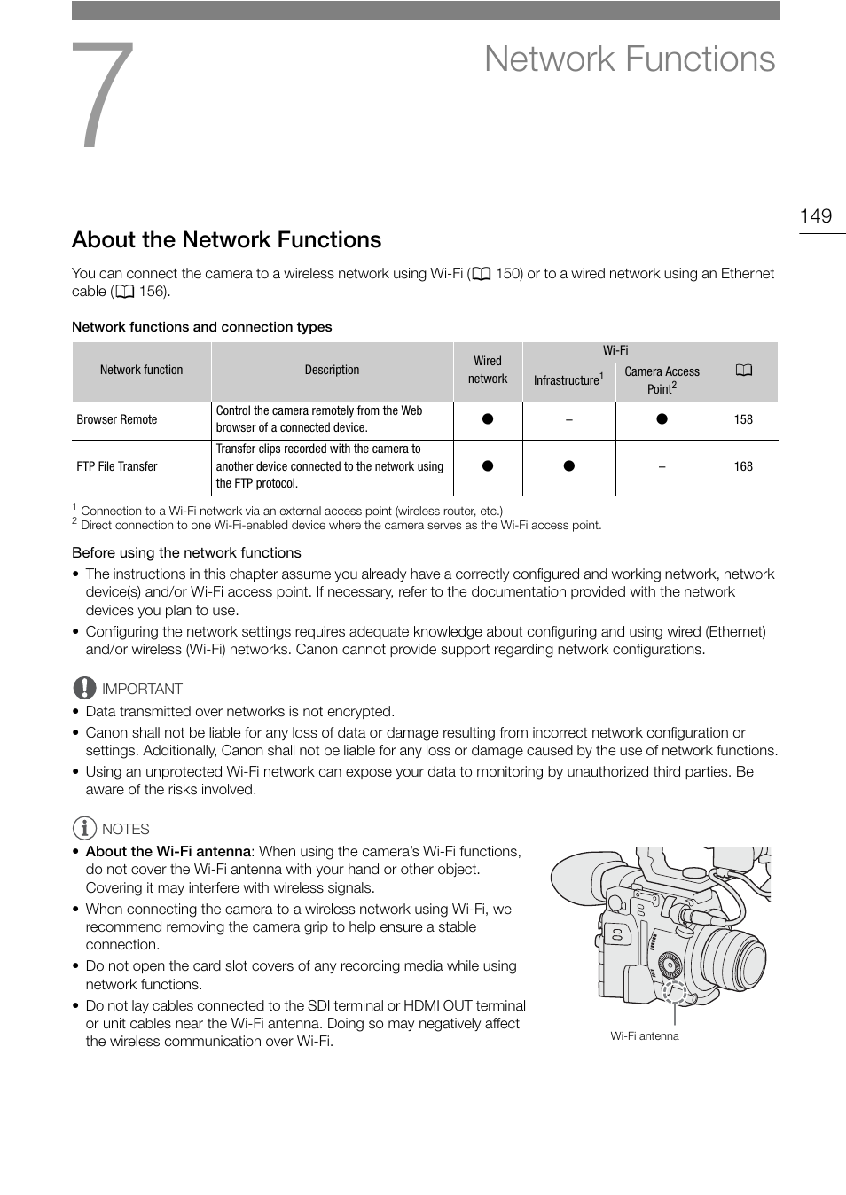 Network functions, About the network functions, Network functions 149 | About the network functions 149 | Canon EOS C200 EF Cinema Camera and 24-105mm Lens Kit User Manual | Page 149 / 220