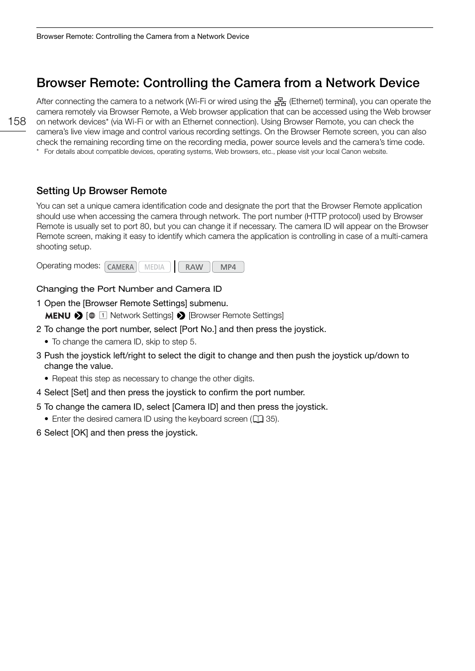 Setting up browser remote, Browser remote: controlling the camera from a, Network device 158 | Setting up browser remote 158 | Canon EOS C200 EF Cinema Camera and 24-105mm Lens Kit User Manual | Page 158 / 220