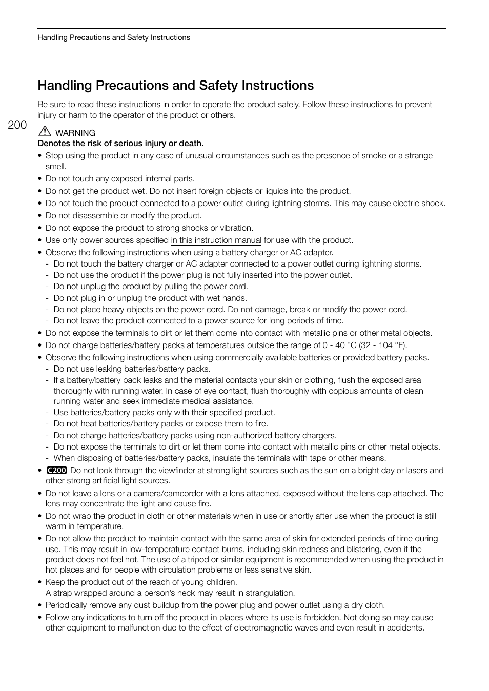 Handling precautions and safety instructions, Handling precautions and safety instructions 200 | Canon EOS C200 EF Cinema Camera and 24-105mm Lens Kit User Manual | Page 200 / 220