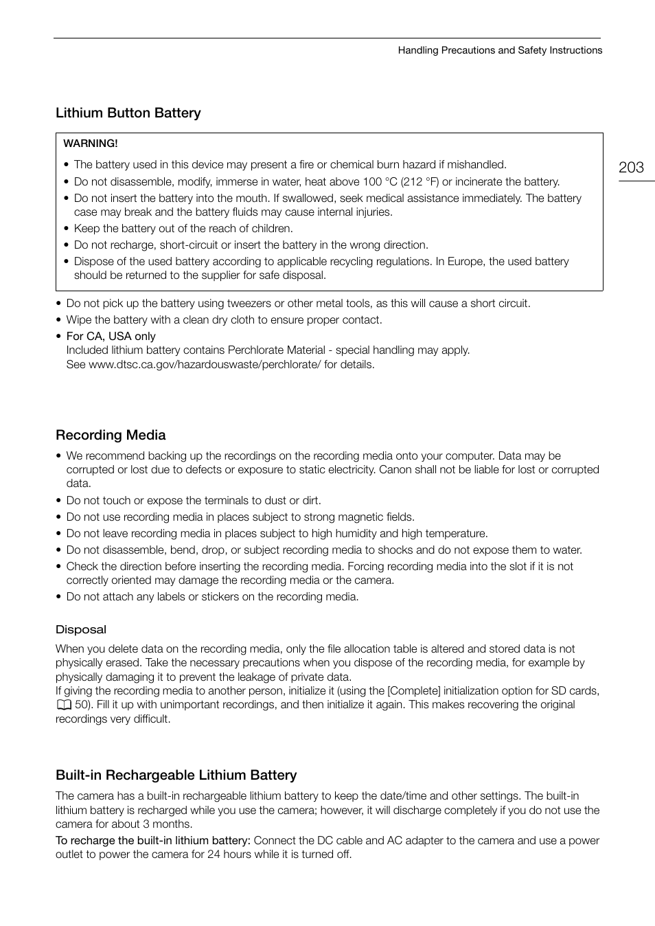 Lithium button battery, Recording media, Built-in rechargeable lithium battery | Canon EOS C200 EF Cinema Camera and 24-105mm Lens Kit User Manual | Page 203 / 220