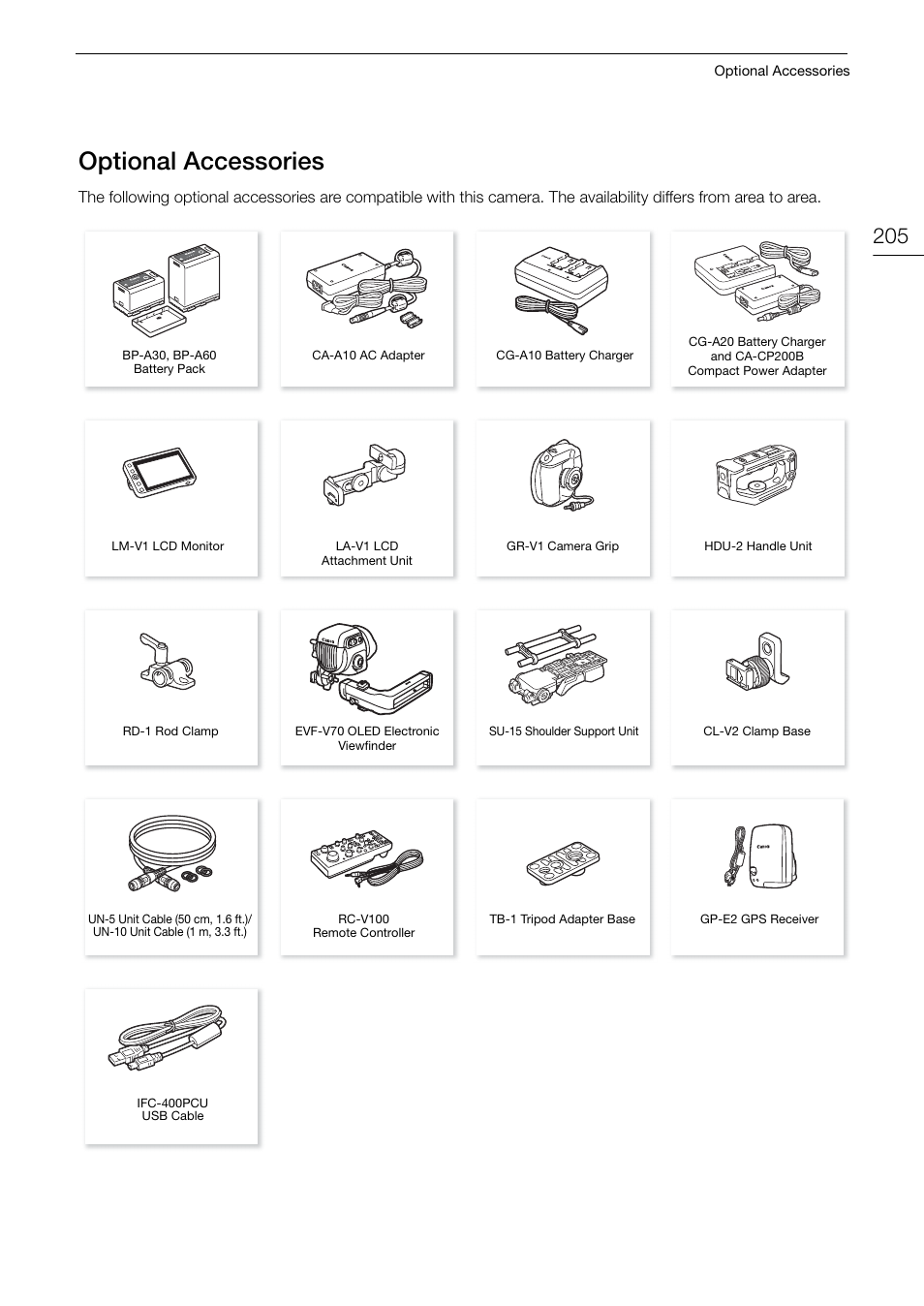 Optional accessories, Optional accessories 205 | Canon EOS C200 EF Cinema Camera and 24-105mm Lens Kit User Manual | Page 205 / 220