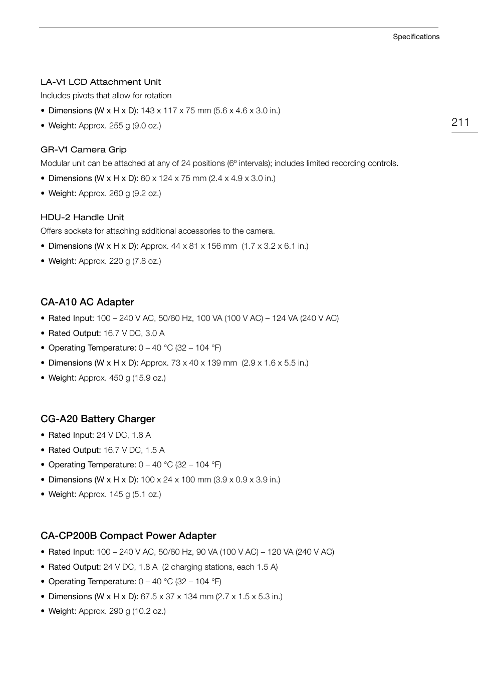 Ca-a10 ac adapter, Cg-a20 battery charger, Ca-cp200b compact power adapter | Canon EOS C200 EF Cinema Camera and 24-105mm Lens Kit User Manual | Page 211 / 220