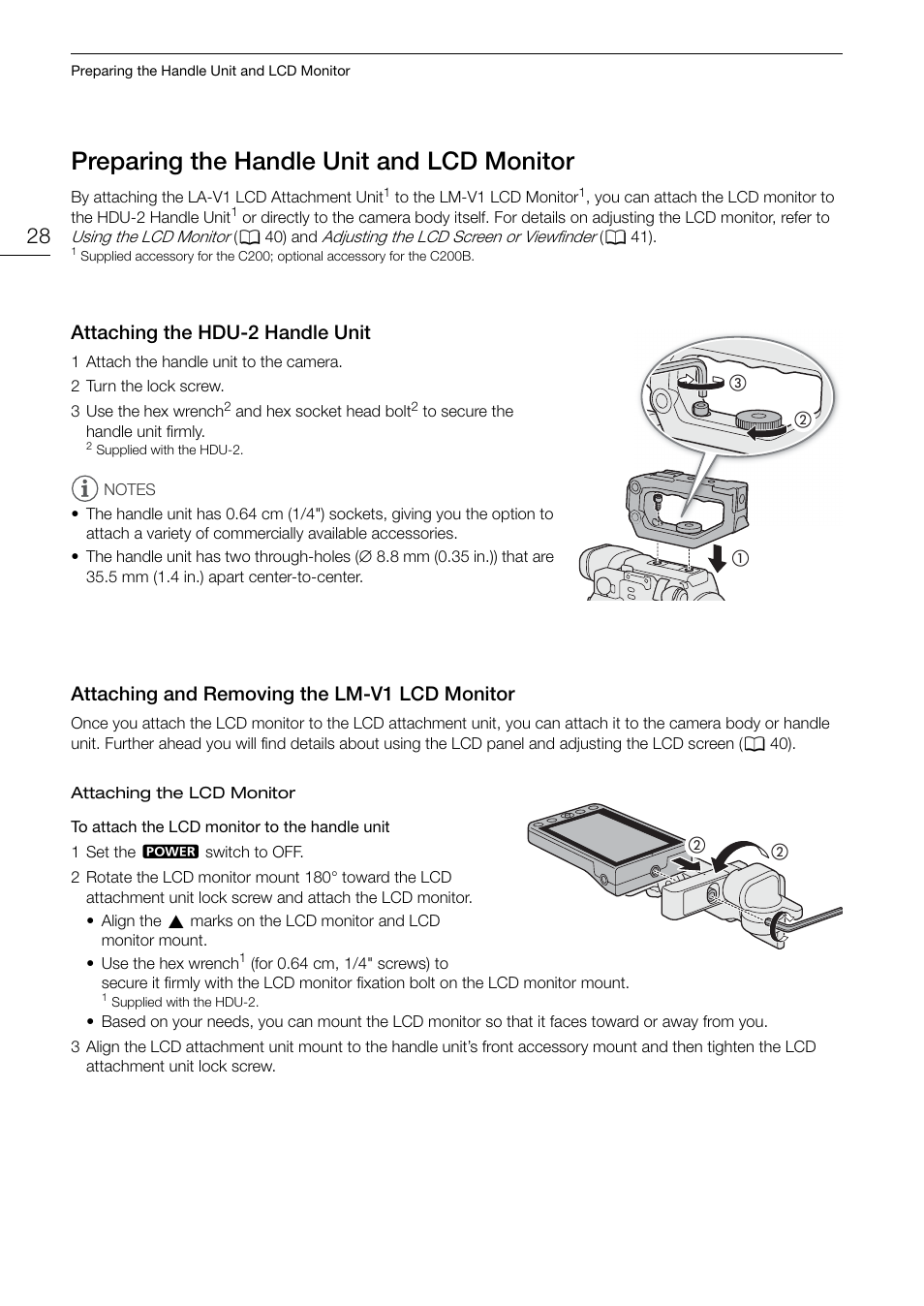 Preparing the handle unit and lcd monitor, Attaching the hdu-2 handle unit, Attaching and removing the lm-v1 lcd monitor | Preparing the handle unit and lcd monitor 28, Monitor 28 | Canon EOS C200 EF Cinema Camera and 24-105mm Lens Kit User Manual | Page 28 / 220