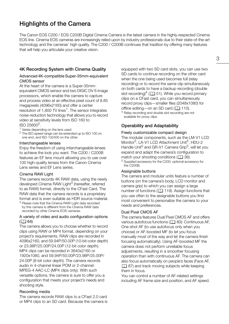 Highlights of the camera | Canon EOS C200 EF Cinema Camera and 24-105mm Lens Kit User Manual | Page 3 / 220