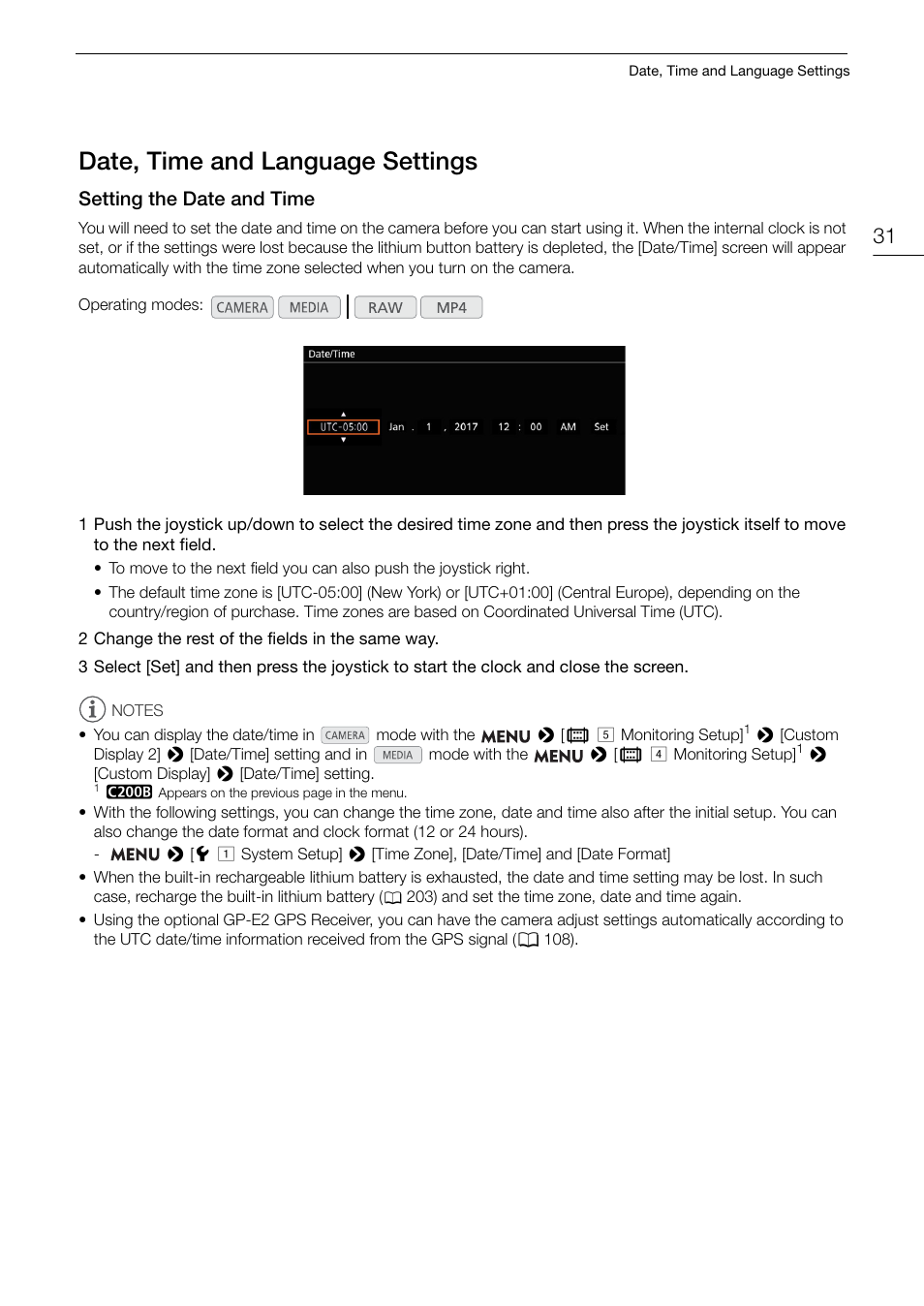 Date, time and language settings, Setting the date and time, Date, time and language settings 31 | Setting the date and time 31 | Canon EOS C200 EF Cinema Camera and 24-105mm Lens Kit User Manual | Page 31 / 220