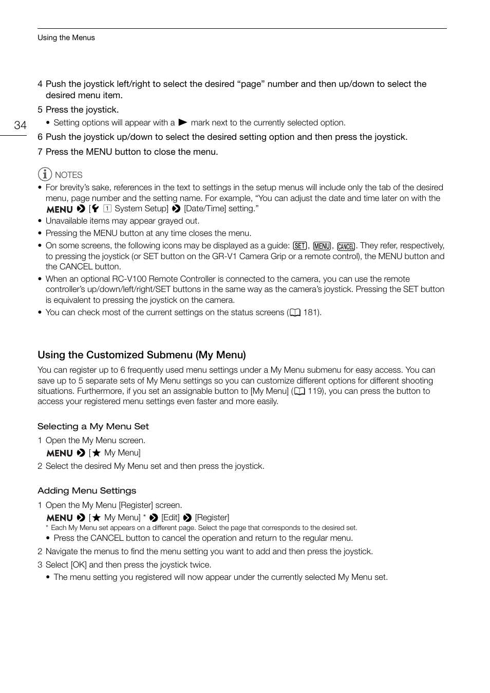 Using the customized submenu (my menu), Using the customized submenu (my menu) 34 | Canon EOS C200 EF Cinema Camera and 24-105mm Lens Kit User Manual | Page 34 / 220