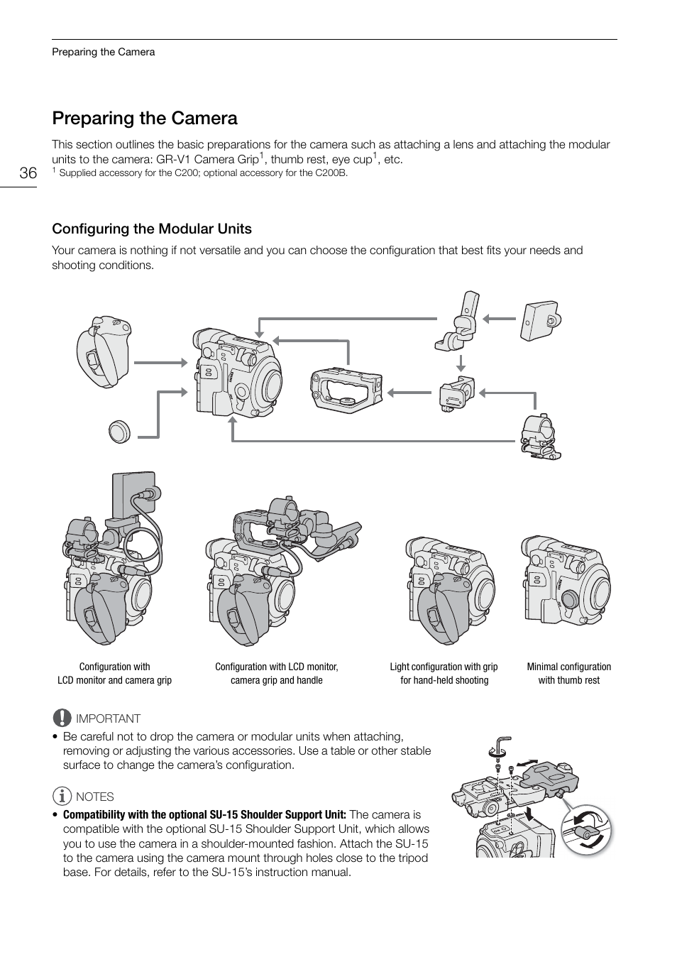 Preparing the camera, Configuring the modular units, Preparing the camera 36 | Configuring the modular units 36 | Canon EOS C200 EF Cinema Camera and 24-105mm Lens Kit User Manual | Page 36 / 220