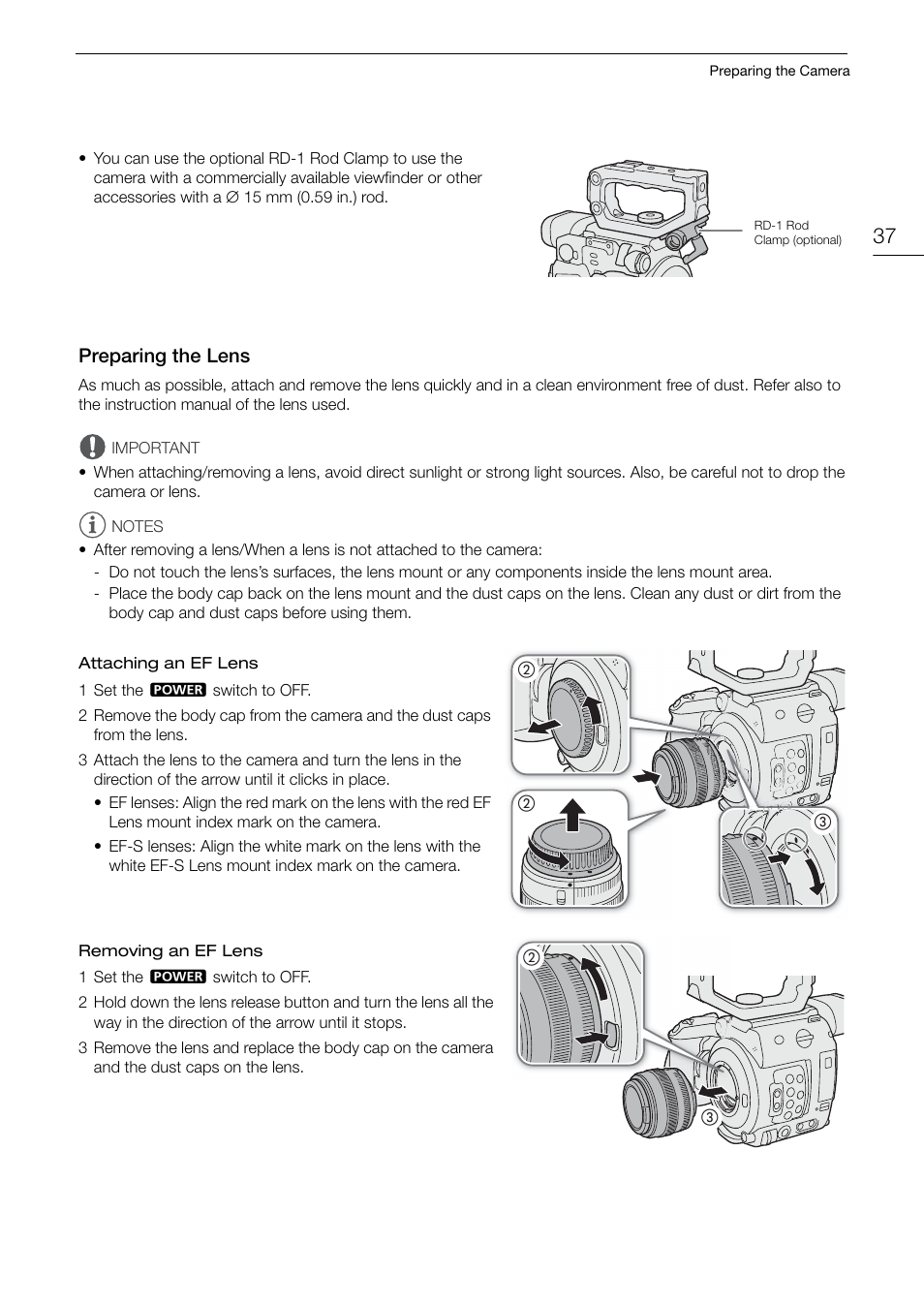 Preparing the lens, Preparing the lens 37 | Canon EOS C200 EF Cinema Camera and 24-105mm Lens Kit User Manual | Page 37 / 220