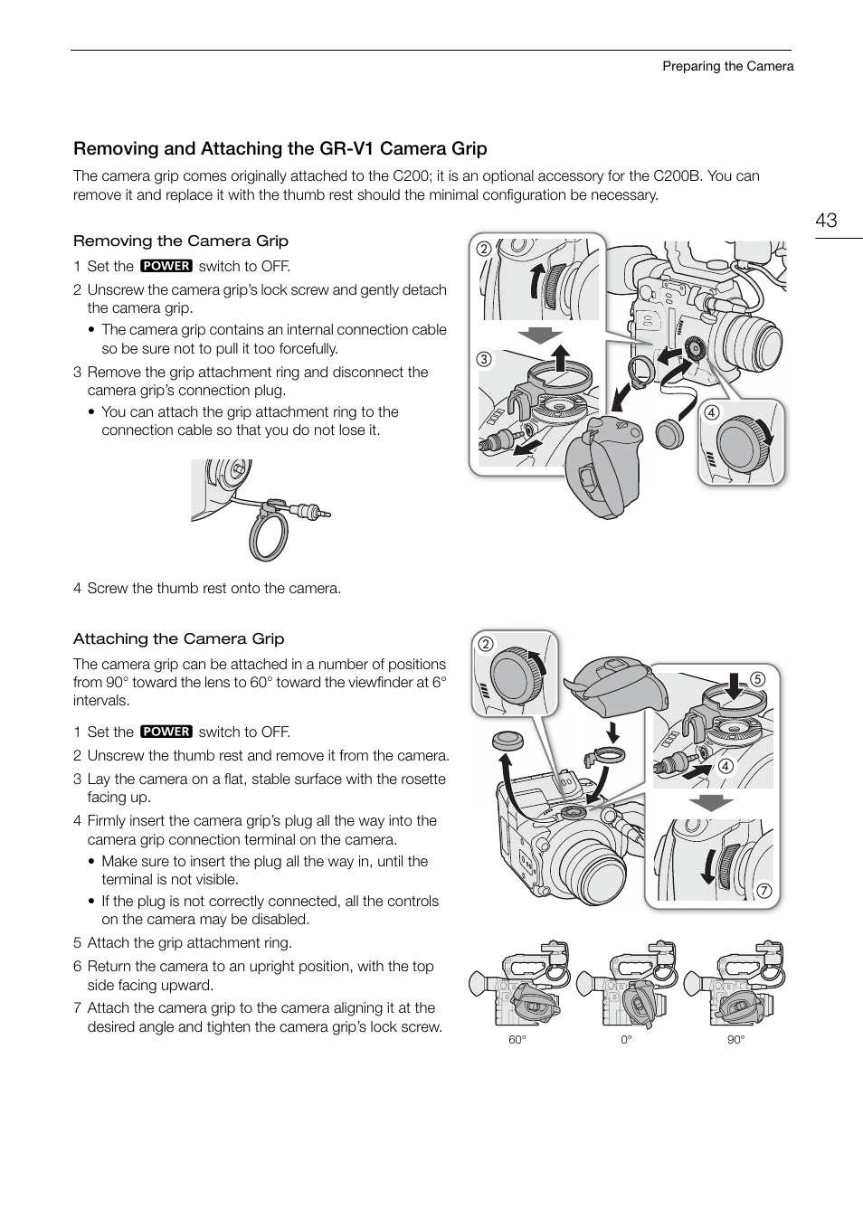 Removing and attaching the gr-v1 camera grip, Removing and attaching the gr-v1 camera, Grip 43 | Canon EOS C200 EF Cinema Camera and 24-105mm Lens Kit User Manual | Page 43 / 220