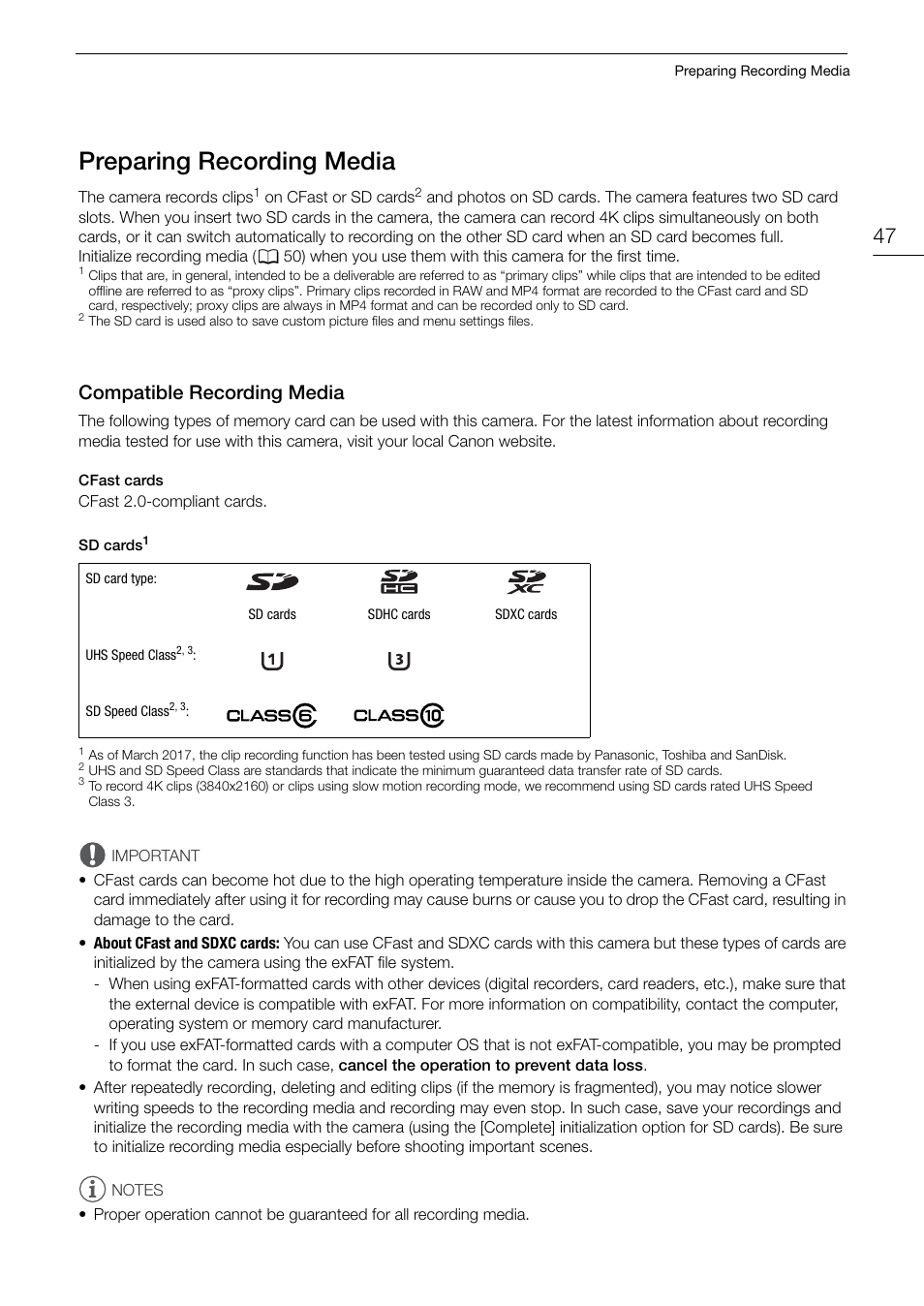 Preparing recording media, Compatible recording media, Preparing recording media 47 | Compatible recording media 47 | Canon EOS C200 EF Cinema Camera and 24-105mm Lens Kit User Manual | Page 47 / 220