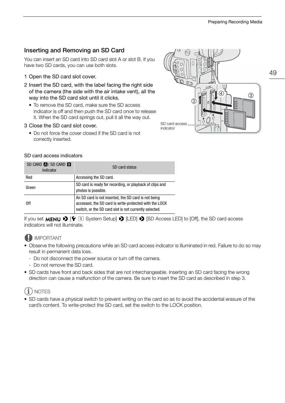 Inserting and removing an sd card, Inserting and removing an sd card 49 | Canon EOS C200 EF Cinema Camera and 24-105mm Lens Kit User Manual | Page 49 / 220