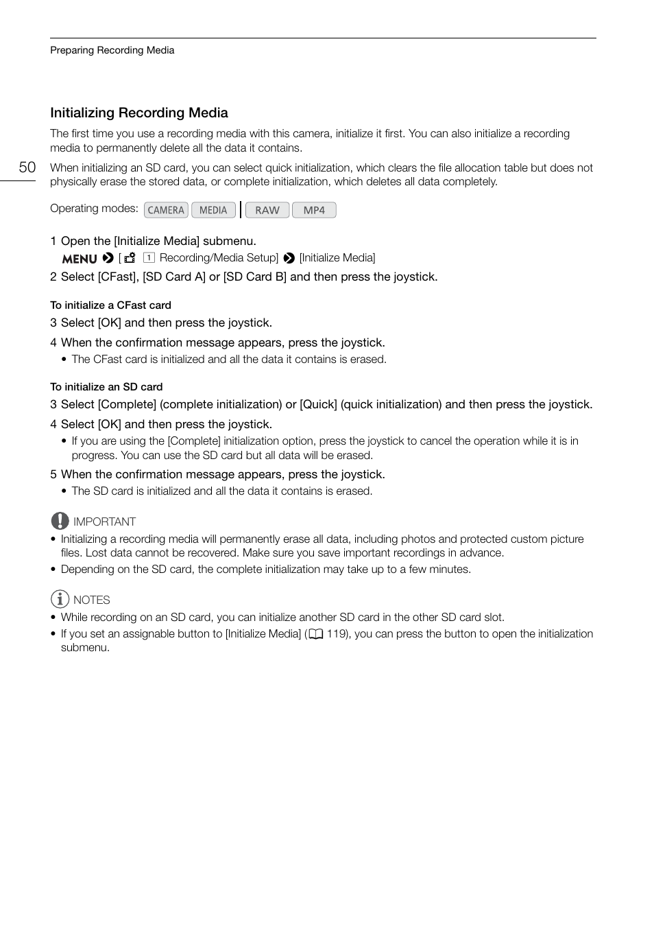 Initializing recording media, Initializing recording media 50 | Canon EOS C200 EF Cinema Camera and 24-105mm Lens Kit User Manual | Page 50 / 220