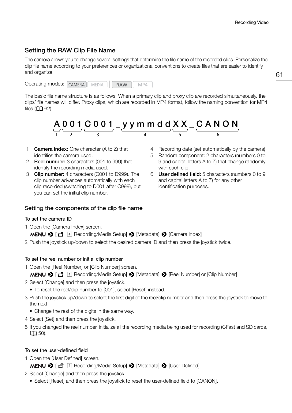 Setting the raw clip file name, Setting the raw clip file name 61 | Canon EOS C200 EF Cinema Camera and 24-105mm Lens Kit User Manual | Page 61 / 220