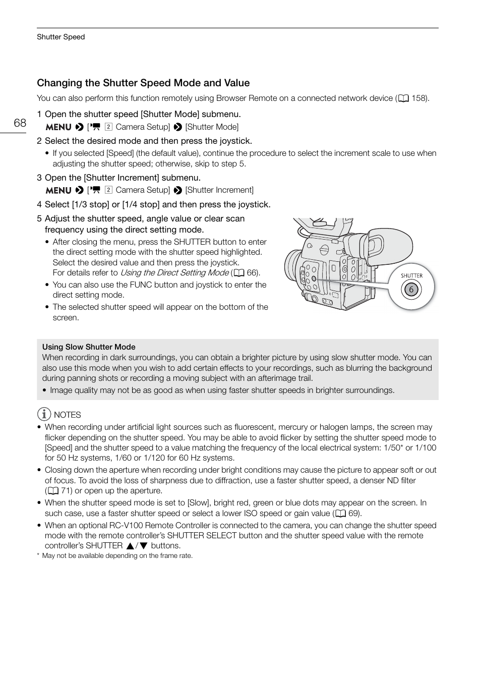 Changing the shutter speed mode and value, Changing the shutter speed mode and value 68 | Canon EOS C200 EF Cinema Camera and 24-105mm Lens Kit User Manual | Page 68 / 220