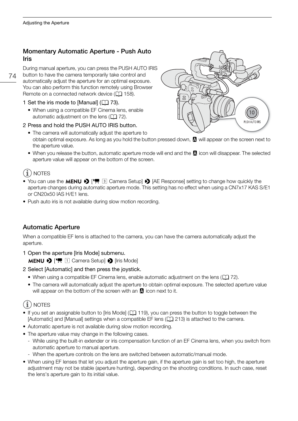 Momentary automatic aperture - push auto iris, Automatic aperture, Momentary automatic aperture - push auto | Iris 74, Automatic aperture 74 | Canon EOS C200 EF Cinema Camera and 24-105mm Lens Kit User Manual | Page 74 / 220