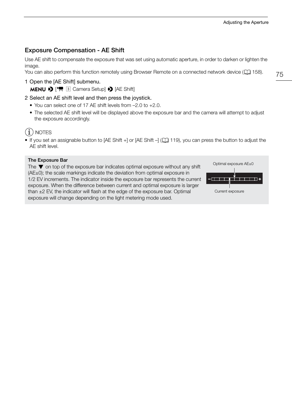 Exposure compensation - ae shift, Exposure compensation - ae shift 75 | Canon EOS C200 EF Cinema Camera and 24-105mm Lens Kit User Manual | Page 75 / 220