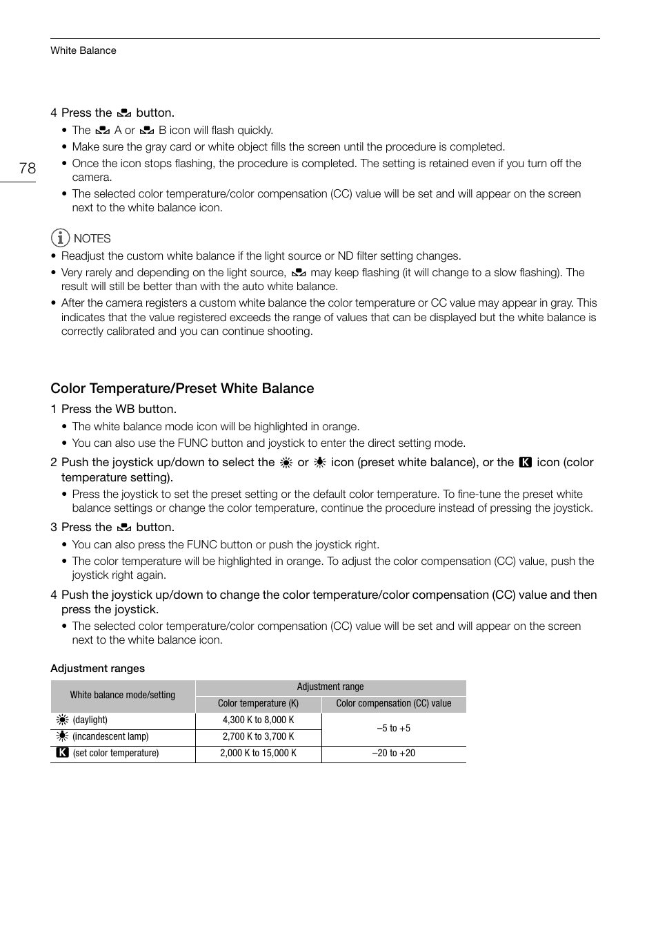 Color temperature/preset white balance, Color temperature/preset white balance 78 | Canon EOS C200 EF Cinema Camera and 24-105mm Lens Kit User Manual | Page 78 / 220