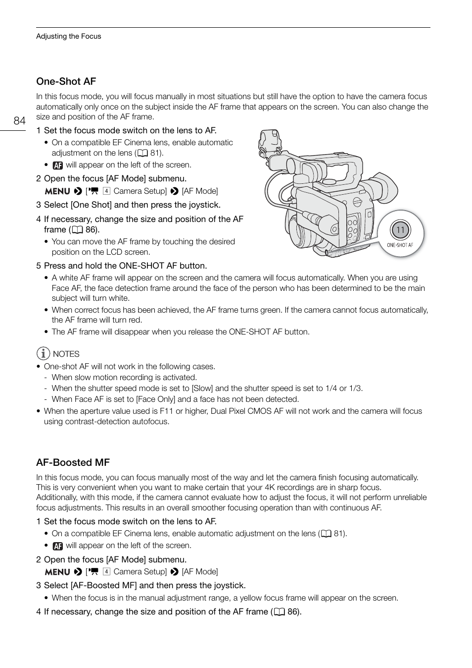 One-shot af, Af-boosted mf, One-shot af 84 af-boosted mf 84 | Canon EOS C200 EF Cinema Camera and 24-105mm Lens Kit User Manual | Page 84 / 220