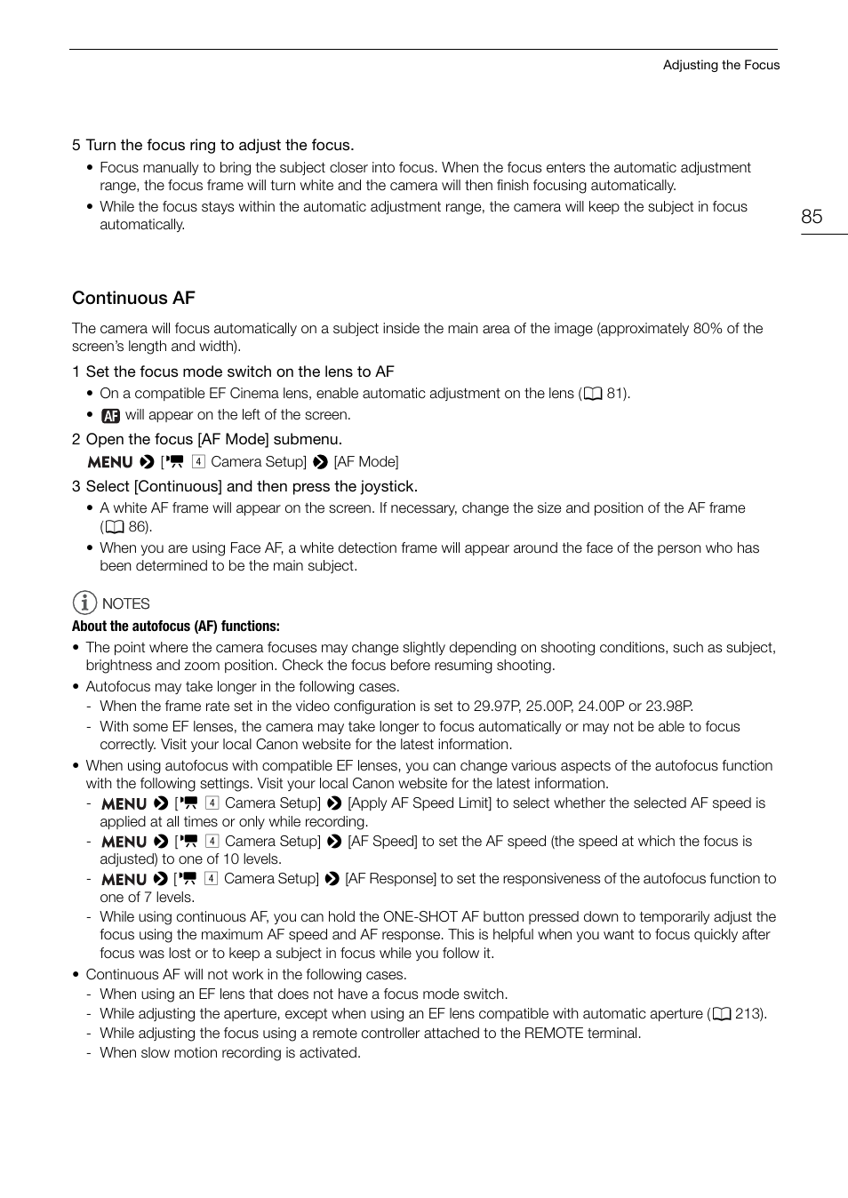 Continuous af, Continuous af 85 | Canon EOS C200 EF Cinema Camera and 24-105mm Lens Kit User Manual | Page 85 / 220