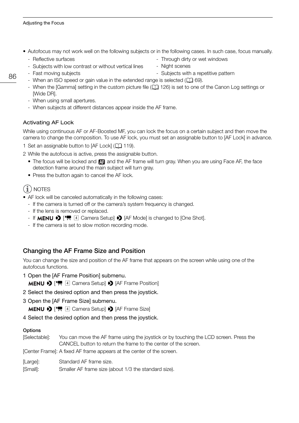 Changing the af frame size and position, Changing the af frame size and position 86, 86) to chang | Canon EOS C200 EF Cinema Camera and 24-105mm Lens Kit User Manual | Page 86 / 220
