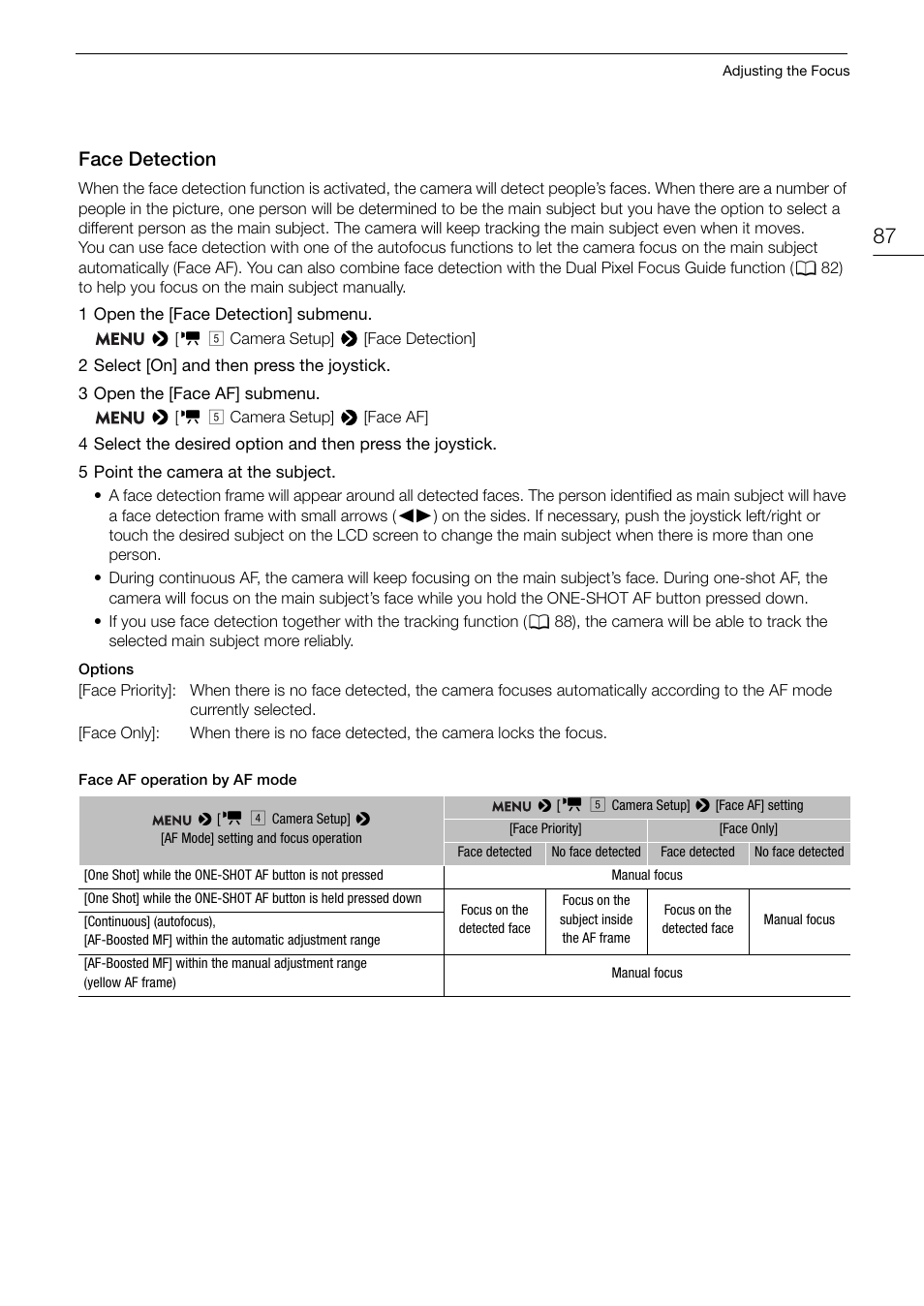 Face detection, 87) an, Face detection 87 | 87), the | Canon EOS C200 EF Cinema Camera and 24-105mm Lens Kit User Manual | Page 87 / 220