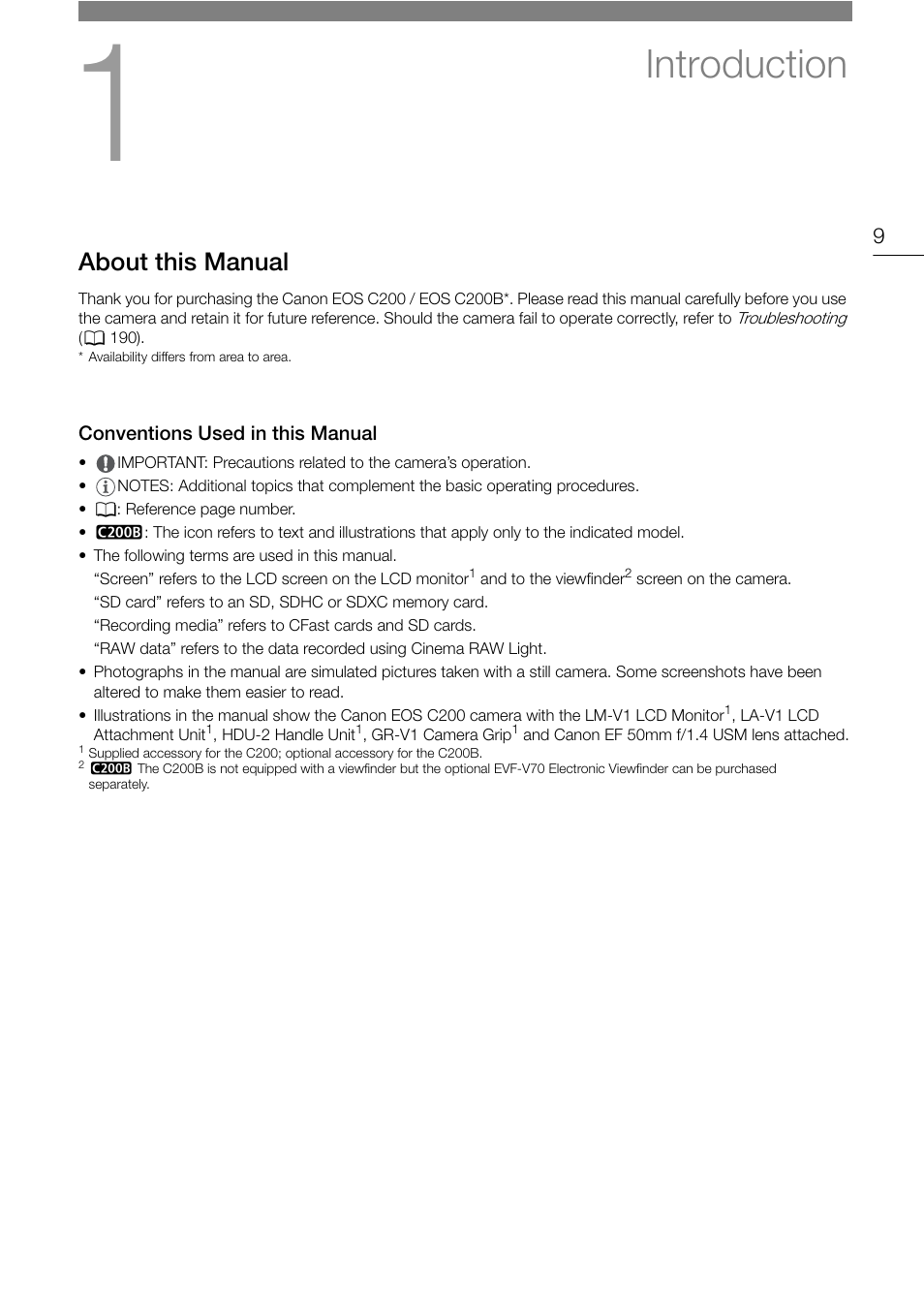 Introduction, About this manual, Conventions used in this manual | Introduction 9, About this manual 9, Conventions used in this manual 9 | Canon EOS C200 EF Cinema Camera and 24-105mm Lens Kit User Manual | Page 9 / 220