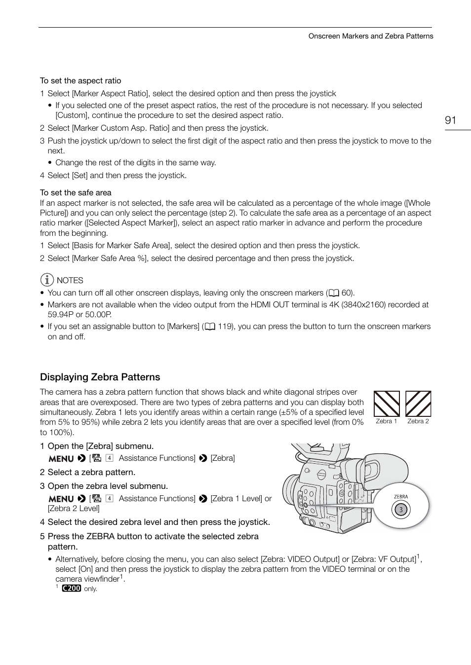 Displaying zebra patterns, Displaying zebra patterns 91 | Canon EOS C200 EF Cinema Camera and 24-105mm Lens Kit User Manual | Page 91 / 220