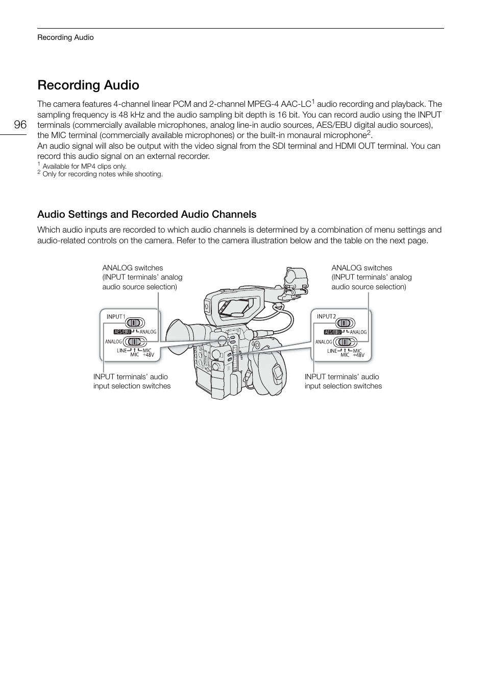 Recording audio, Audio settings and recorded audio channels, Recording audio 96 | Audio settings and recorded audio channels 96 | Canon EOS C200 EF Cinema Camera and 24-105mm Lens Kit User Manual | Page 96 / 220