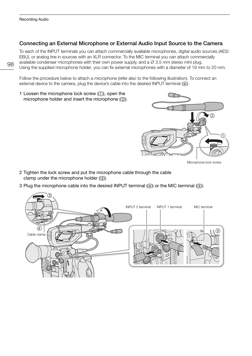 Connecting an external microphone or external, Audio input source to the camera 98 | Canon EOS C200 EF Cinema Camera and 24-105mm Lens Kit User Manual | Page 98 / 220