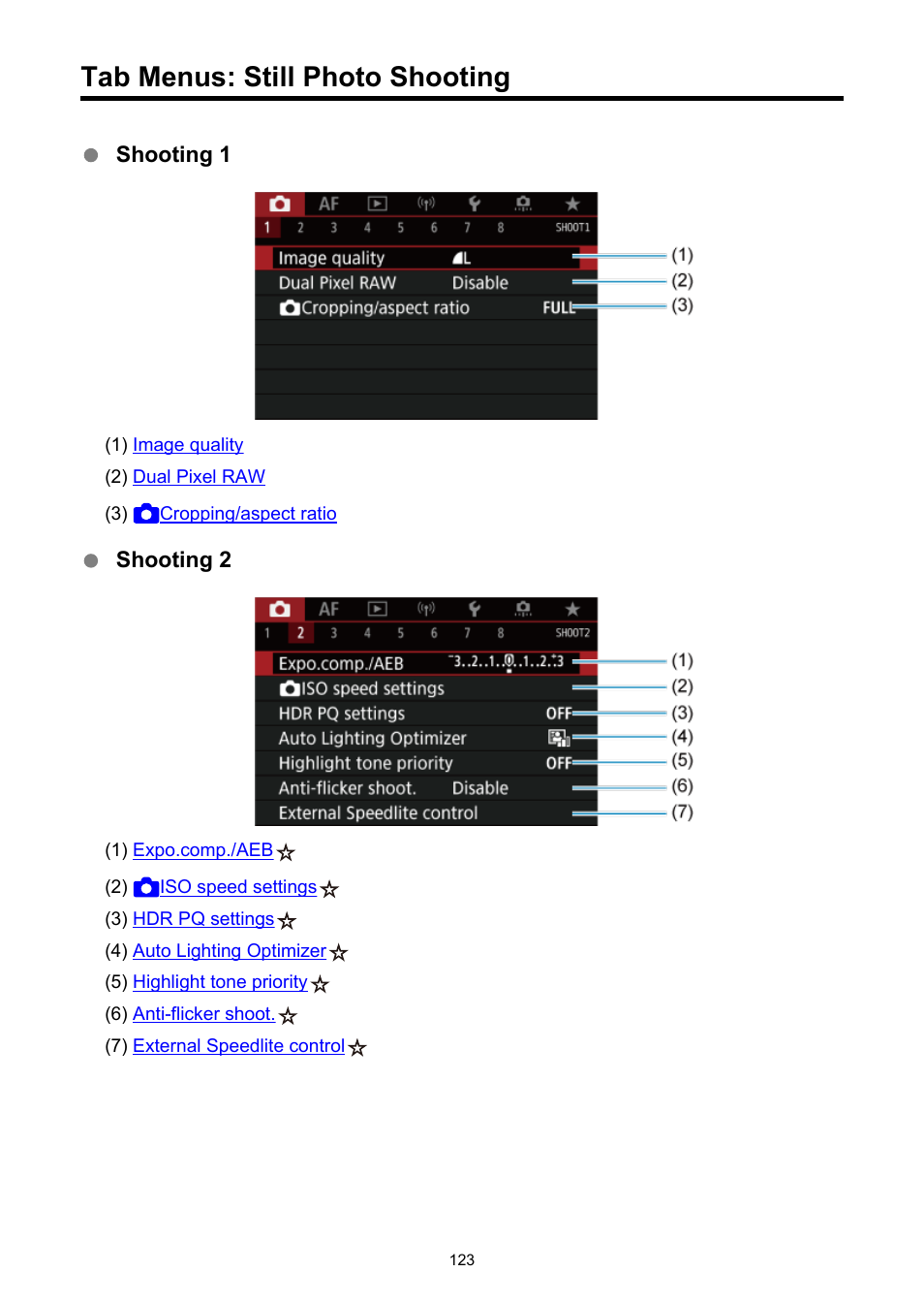 Tab menus: still photo shooting | Canon EOS R5 C VR Creator Kit with RF 5.2mm f/2.8 Dual Fisheye Lens User Manual | Page 123 / 787