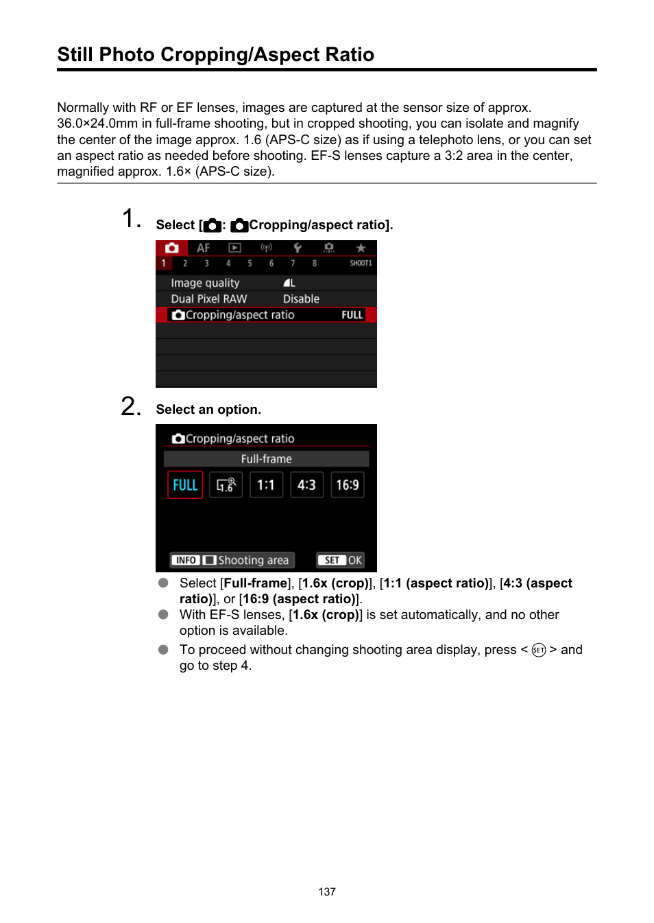 Still photo cropping/aspect ratio, Cropping/aspect ratio | Canon EOS R5 C VR Creator Kit with RF 5.2mm f/2.8 Dual Fisheye Lens User Manual | Page 137 / 787