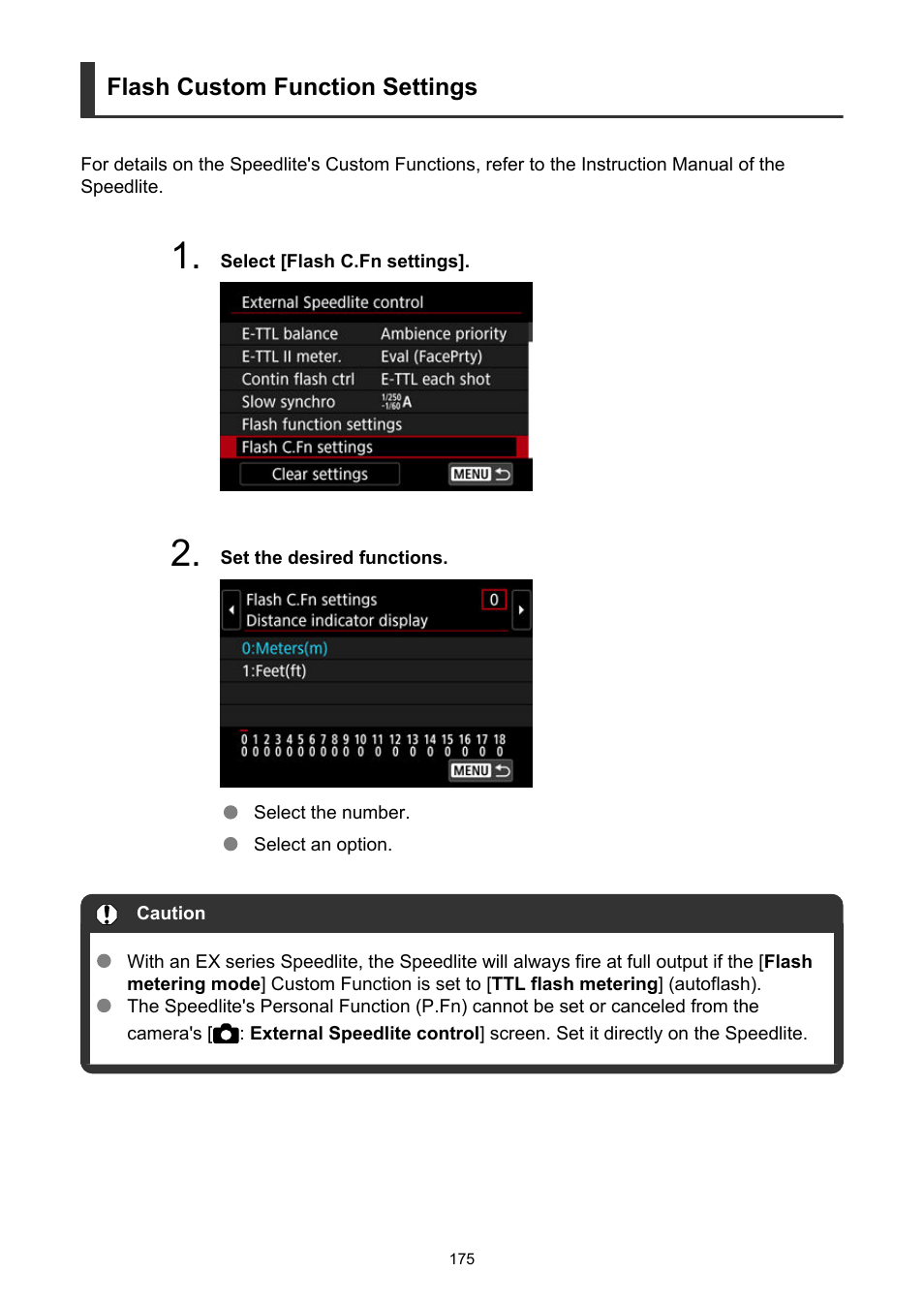 Flash custom function settings | Canon EOS R5 C VR Creator Kit with RF 5.2mm f/2.8 Dual Fisheye Lens User Manual | Page 175 / 787