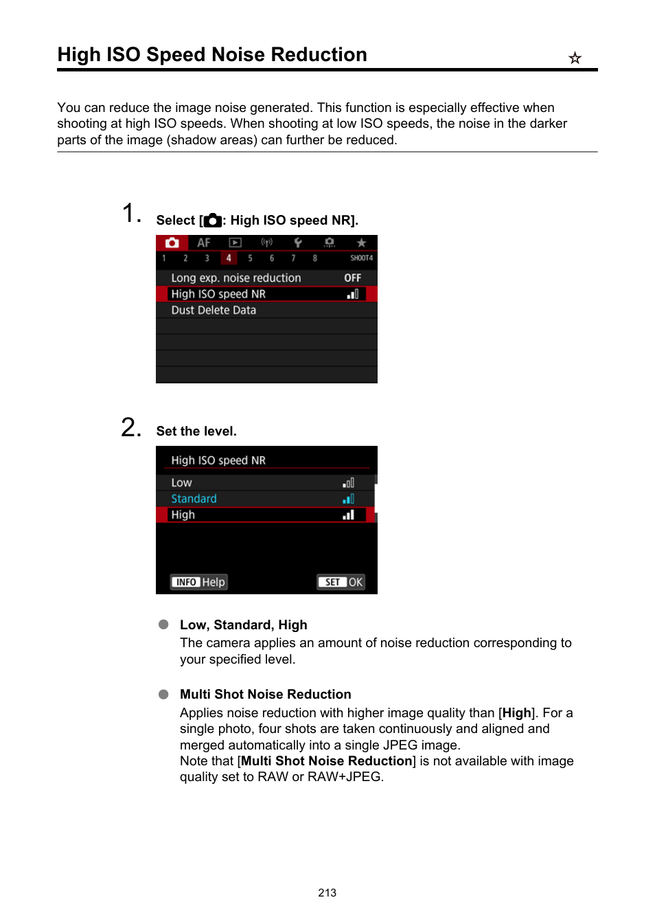 High iso speed noise reduction, High iso speed nr | Canon EOS R5 C VR Creator Kit with RF 5.2mm f/2.8 Dual Fisheye Lens User Manual | Page 213 / 787
