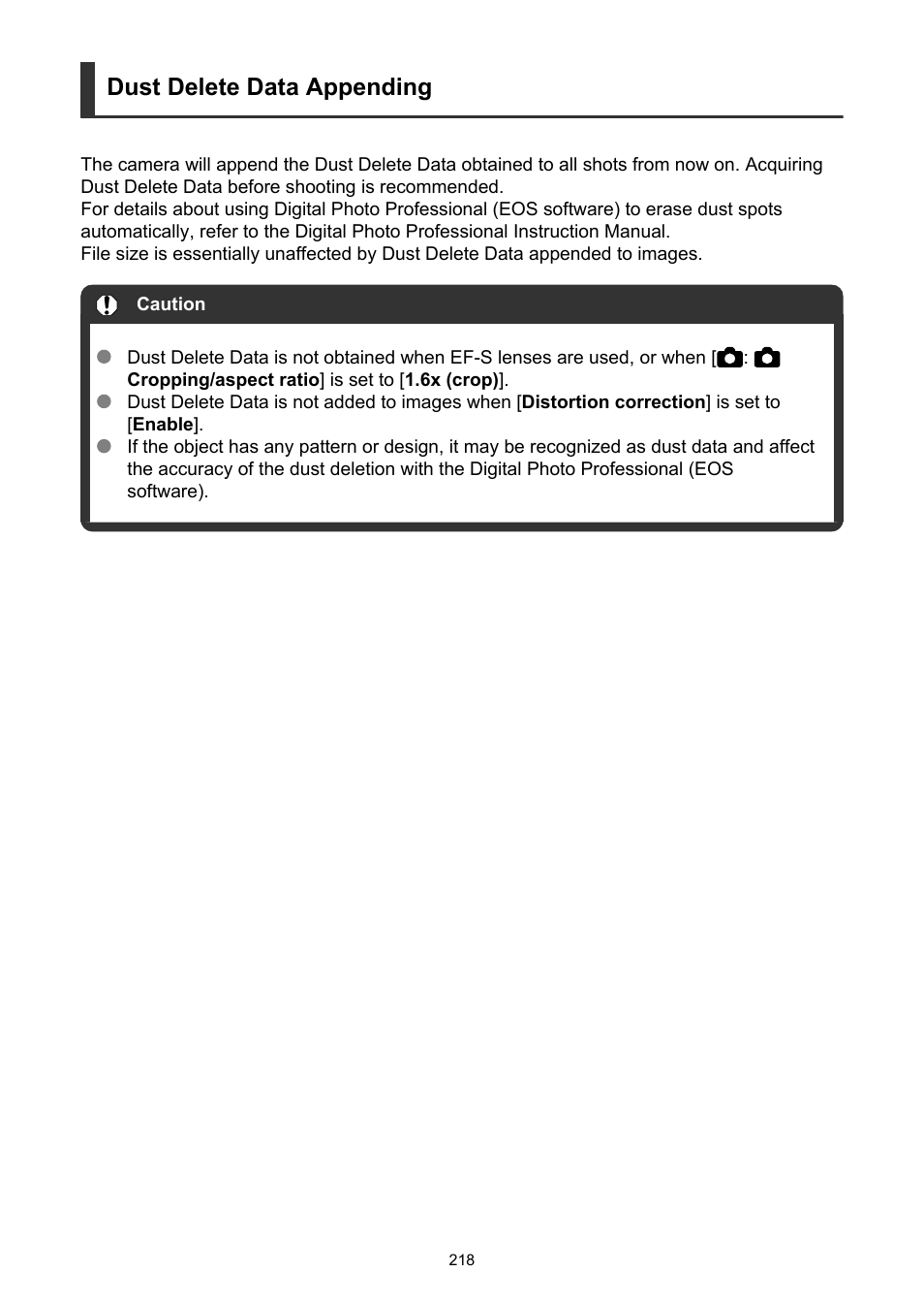Dust delete data appending | Canon EOS R5 C VR Creator Kit with RF 5.2mm f/2.8 Dual Fisheye Lens User Manual | Page 218 / 787