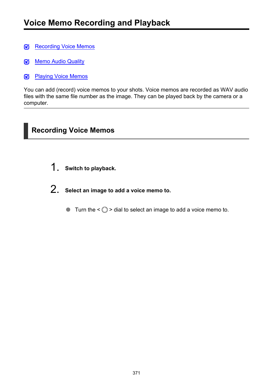 Voice memo recording and playback | Canon EOS R5 C VR Creator Kit with RF 5.2mm f/2.8 Dual Fisheye Lens User Manual | Page 371 / 787