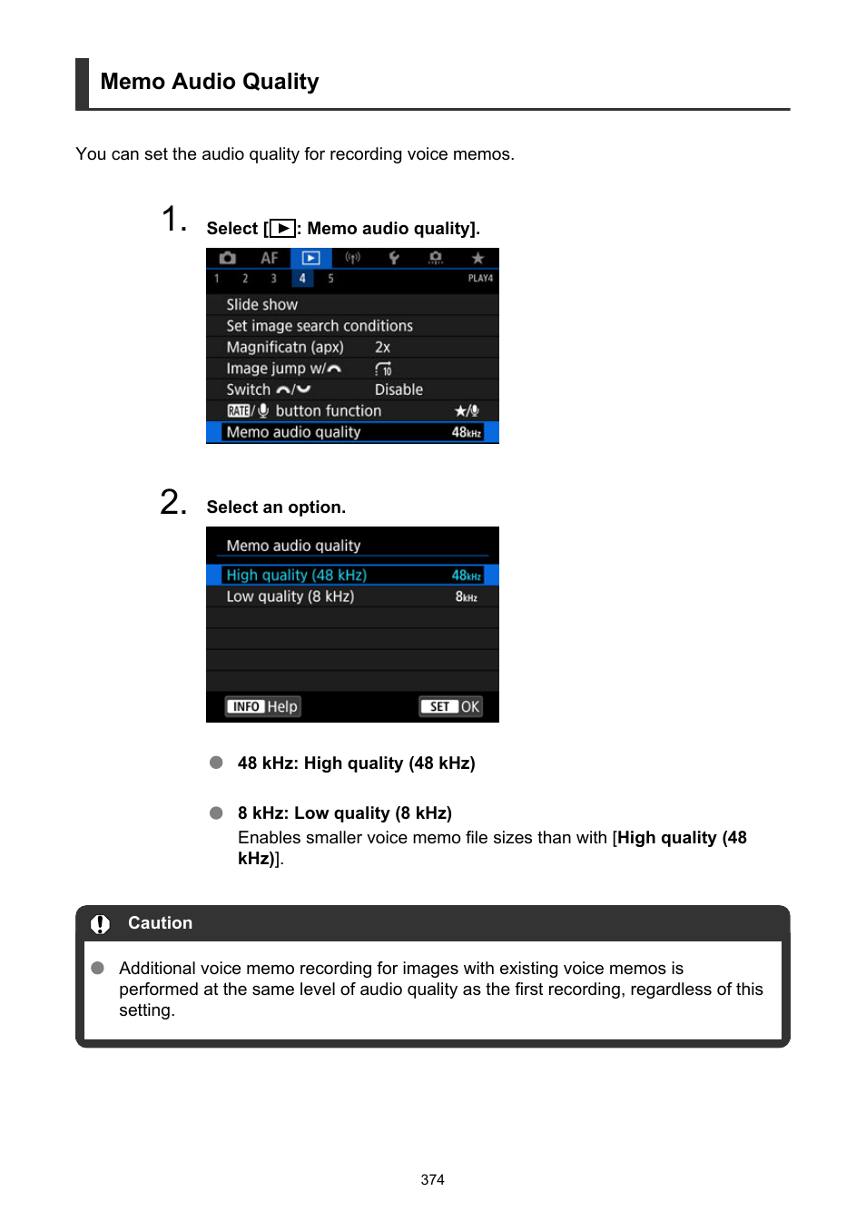 Memo audio quality | Canon EOS R5 C VR Creator Kit with RF 5.2mm f/2.8 Dual Fisheye Lens User Manual | Page 374 / 787