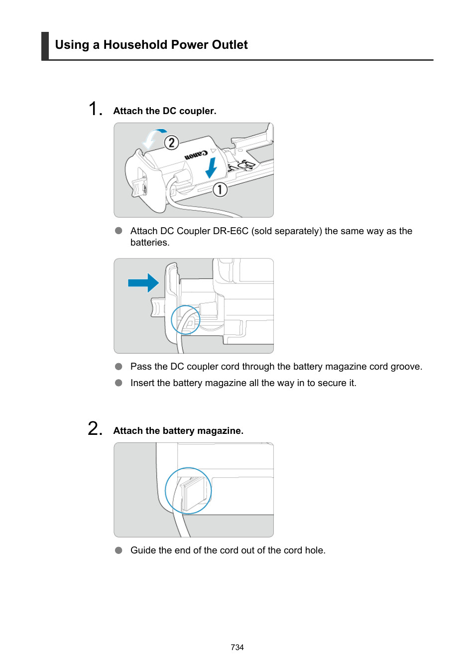 Using a household power outlet | Canon EOS R5 C VR Creator Kit with RF 5.2mm f/2.8 Dual Fisheye Lens User Manual | Page 734 / 787