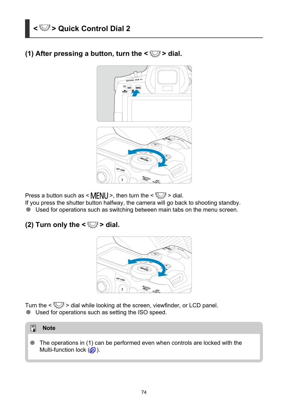 Quick control dial 2 | Canon EOS R5 C VR Creator Kit with RF 5.2mm f/2.8 Dual Fisheye Lens User Manual | Page 74 / 787