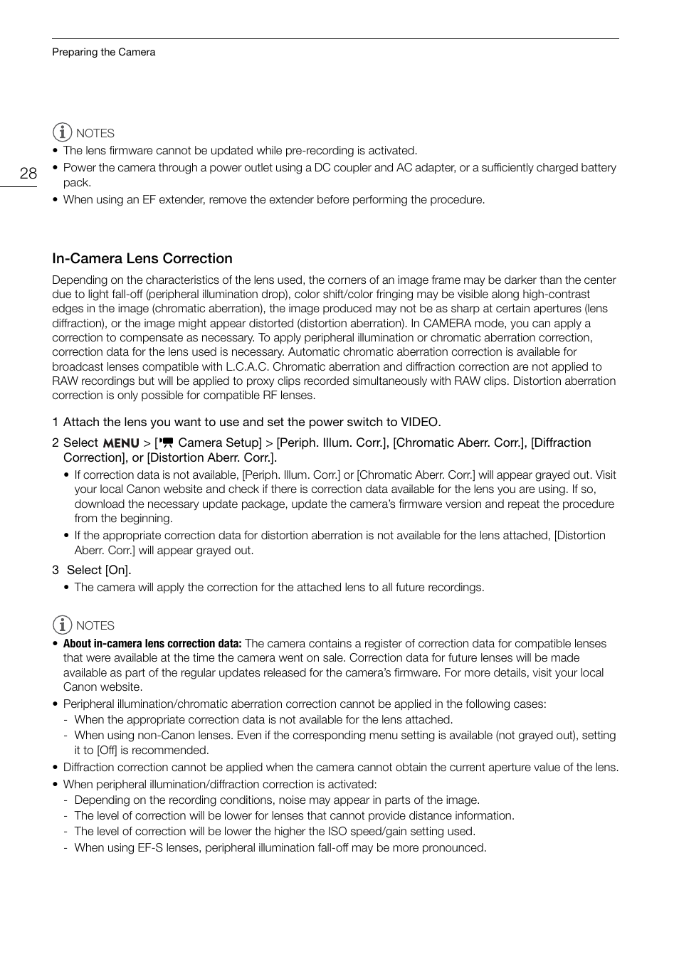 In-camera lens correction, In-camera lens correction 28 | Canon EOS R5 C VR Creator Kit with RF 5.2mm f/2.8 Dual Fisheye Lens User Manual | Page 28 / 248