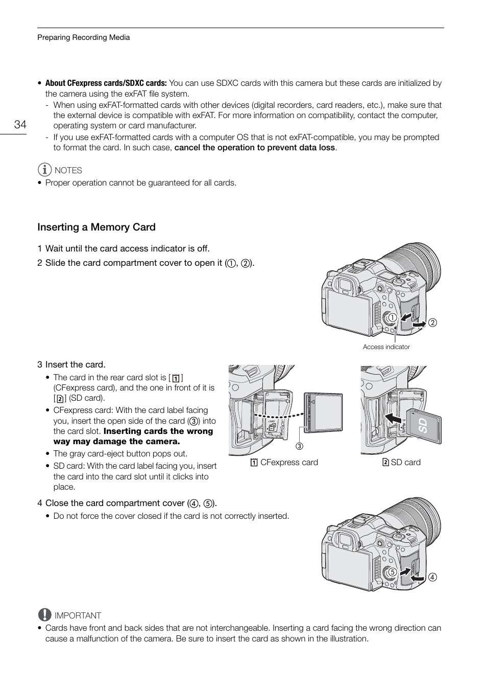Inserting a memory card, Inserting a memory card 34 | Canon EOS R5 C VR Creator Kit with RF 5.2mm f/2.8 Dual Fisheye Lens User Manual | Page 34 / 248