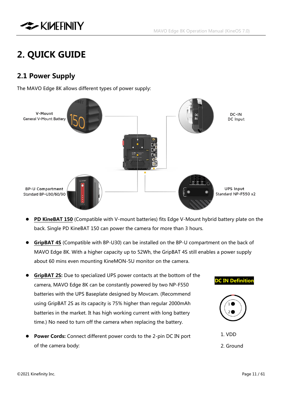 Quick guide, 1 power supply | Kinefinity MAVO Edge 8K Digital Cinema Camera User Manual | Page 11 / 60